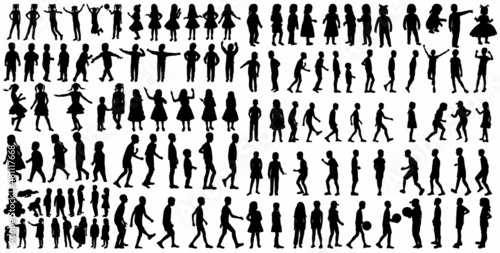 set of children people, black silhouette, isolated vector