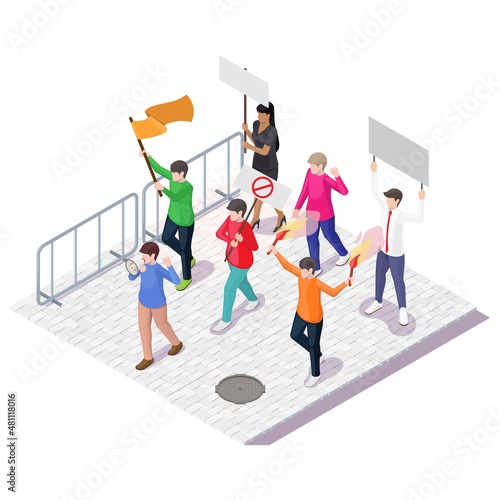 People with placards, flags, megaphone, vector isometric illustration. Protest, demonstration, rally, picket, strike.