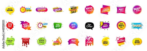 Best sale offer banners. Discounts price deal stickers. Special offer 3d bubble. Promotion sale tag coupons. Best discount deal sticker templates. Quiz bubble banner. Promotion Ad labels. Vector