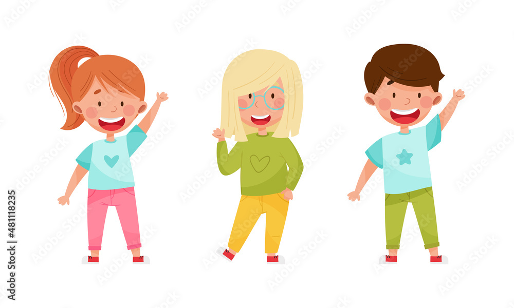 Set of smiling children waving their hands. Cheerful kids standing with hand raised cartoon vector illustration