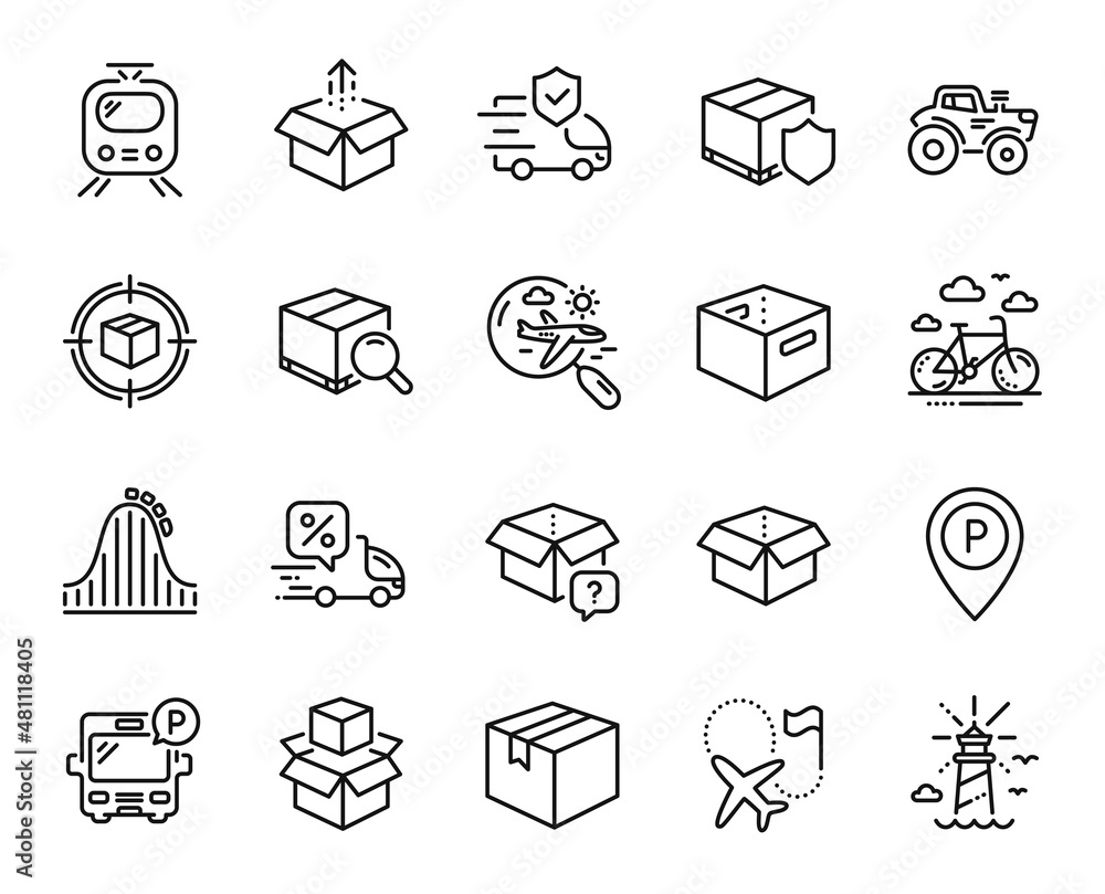 Vector set of Search flight, Parcel and Roller coaster line icons set. Transport insurance, Office box and Lighthouse icons. Bus parking, Delivery insurance and Destination flag signs. Vector Vector set of Search flight, Parcel and Roller coaster line icons set. Transport insurance, Office box and Lighthouse icons. Bus parking, Delivery insurance and Destination flag signs. Vector
