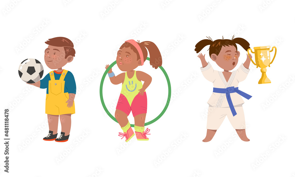 Cute kids doing sports set. Children go in for soccer, gymnastics and karate. Physical activity and healthy lifestyle cartoon vector illustration Cute kids doing sports set. Children go in for soccer, gymnastics and karate. Physical activity and healthy lifestyle cartoon vector illustration