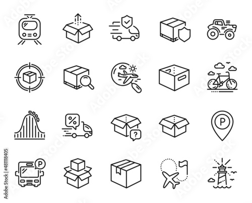 Vector set of Search flight, Parcel and Roller coaster line icons set. Transport insurance, Office box and Lighthouse icons. Bus parking, Delivery insurance and Destination flag signs. Vector