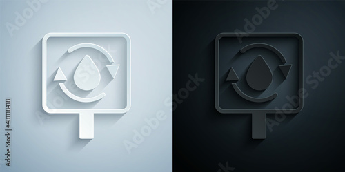 Paper cut Recycle clean aqua icon isolated on grey and black background. Drop of water with sign recycling. Paper art style. Vector