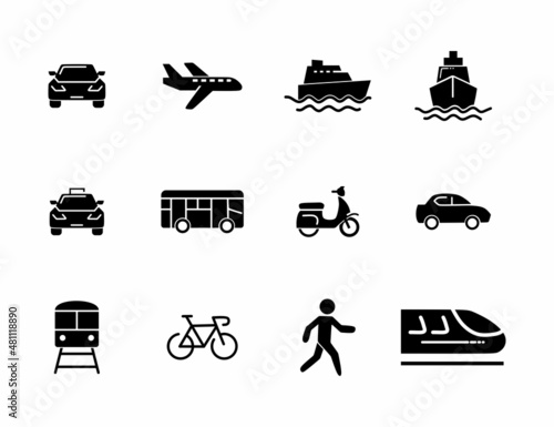 Transport icons. Airplane, Public bus, Train, Ship and auto signs. Shipping delivery symbol. Air mail delivery sign. Vector