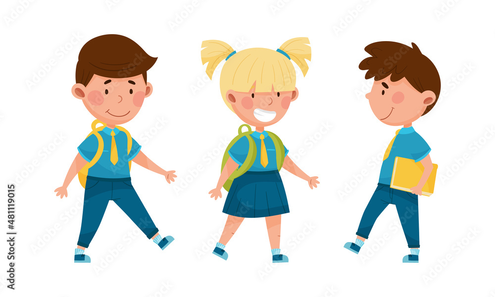Cute kids in blue school uniform set. Smiling schoolkids going to school with backpacks cartoon vector illustration