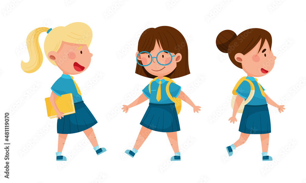 Cute kids in blue school uniform set. Schoolgirls going to school cartoon vector illustration Cute kids in blue school uniform set. Schoolgirls going to school cartoon vector illustration