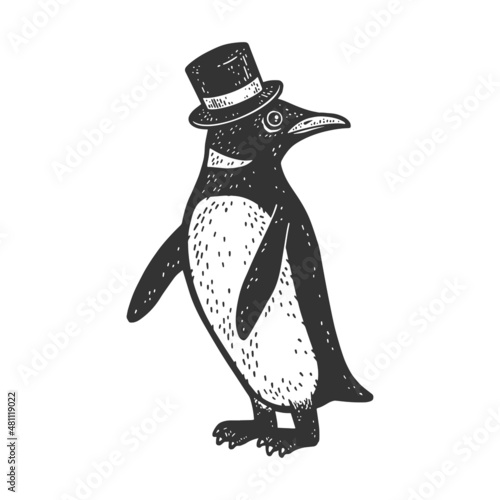 penguin in top hat sketch engraving vector illustration. T-shirt apparel print design. Scratch board imitation. Black and white hand drawn image.