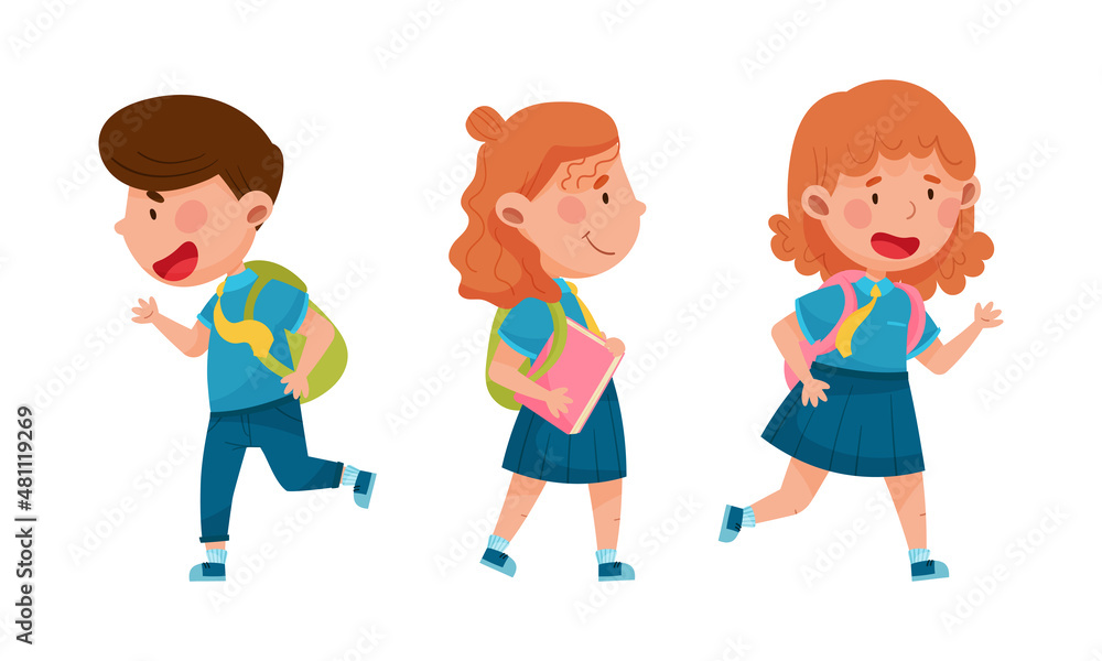 Cheerful pupils in school uniform going to school with backpacks and books cartoon vector illustration