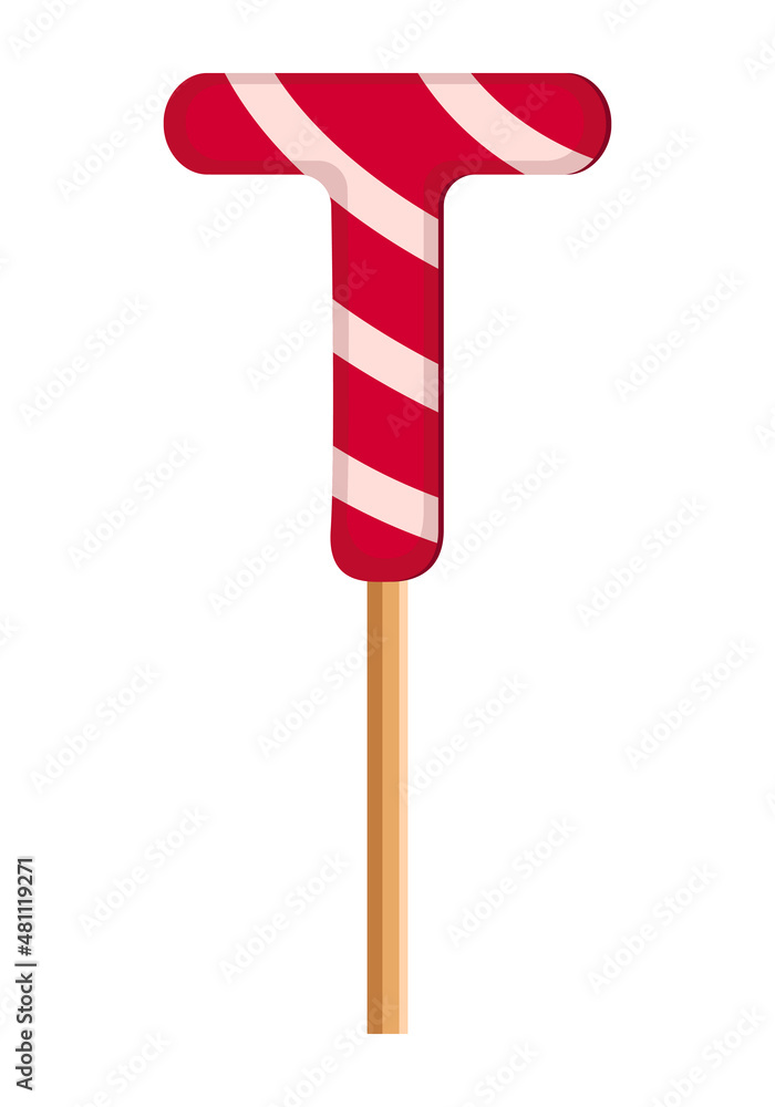 Letter T from striped red and white lollipops. Festive font or decoration for holiday or party. Vector flat illustration Letter T from striped red and white lollipops. Festive font or decoration for holiday or party. Vector flat illustration