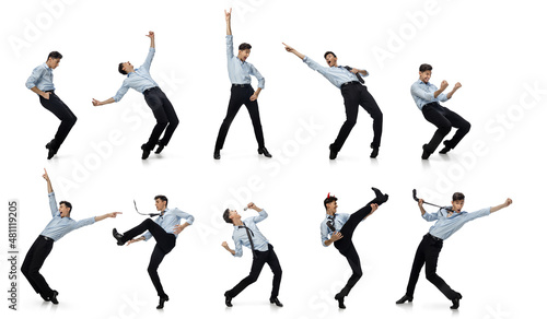 Excited  cheerful office worker dancing  singing in business style clothes or suit on white. Business  working open-space  motion and action concept. Creative collage.