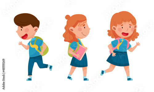 Cheerful pupils in school uniform going to school with backpacks and books cartoon vector illustration