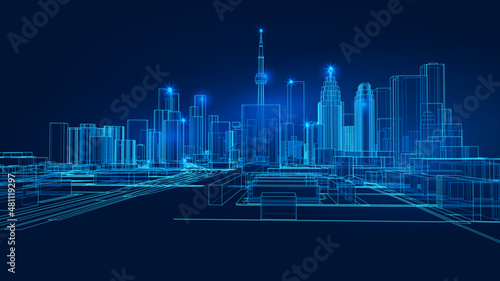 Polygonal 3d city in dark blue background. Outline city concept vector. Wire-frame style. The layers of visible and invisible lines. 3D illustration