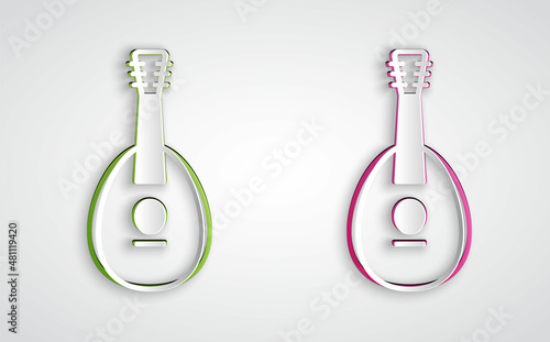 Paper cut Traditional musical instrument mandolin icon isolated on grey background. Paper art style. Vector