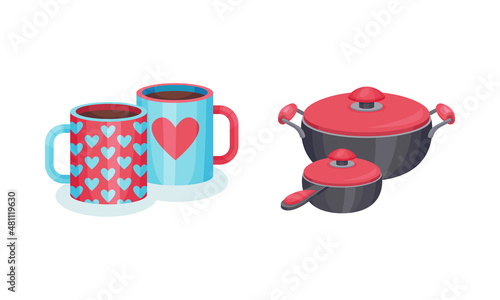 Kitchen utensils set. Mugs and saucepans cartoon vector illustration