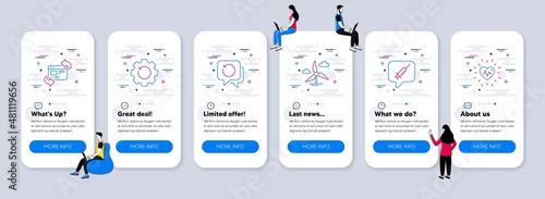 Science icons set. UI phone app screens with teamwork. Included icon as Refresh website, Recovery data, Recovery gear signs. Vaccine message, Windmill turbine, Heartbeat line icons. Vector