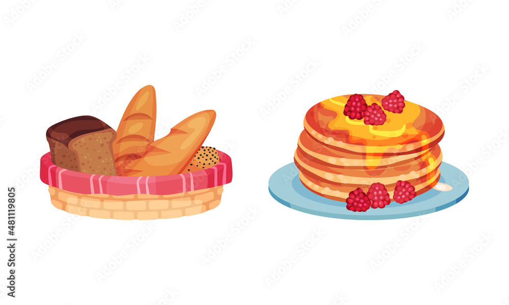 Freshly baked bread and stack of pancakes with berries cartoon vector illustration Freshly baked bread and stack of pancakes with berries cartoon vector illustration