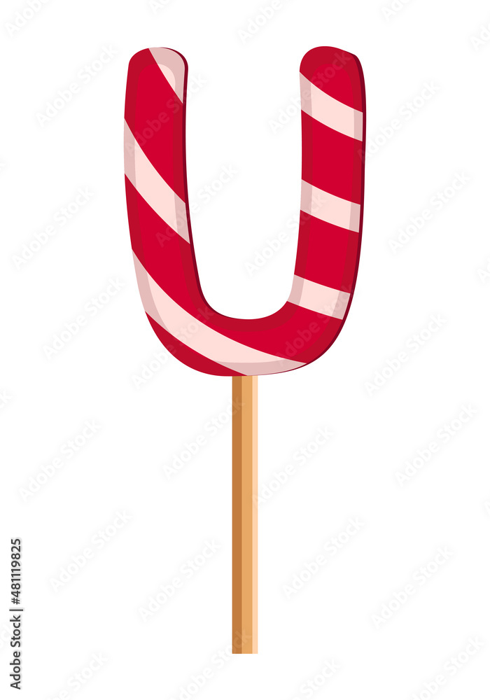 Letter U from striped red and white lollipops. Festive font or decoration for holiday or party. Vector flat illustration Letter U from striped red and white lollipops. Festive font or decoration for holiday or party. Vector flat illustration