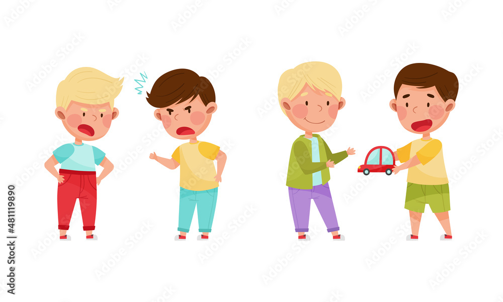 Little boys arguing over toy and playing together set cartoon vector illustration Little boys arguing over toy and playing together set cartoon vector illustration