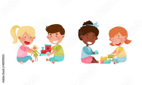 Kids playing together set. Boy and girl sitting on floor playing with doll, train and toy blocks cartoon vector illustration