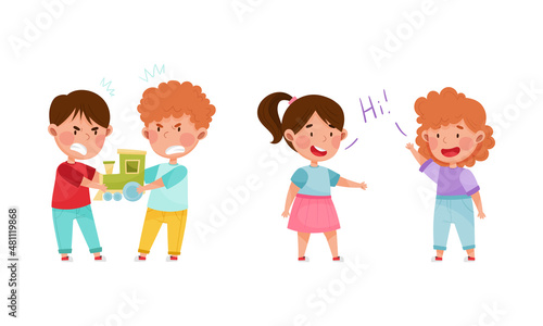 Cute kids playing together set. Little boys arguing over toys, girls greeting each other cartoon vector illustration