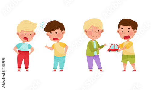 Little boys arguing over toy and playing together set cartoon vector illustration