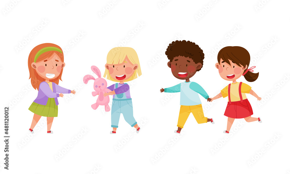 Cute happy kids playing together set cartoon vector illustration