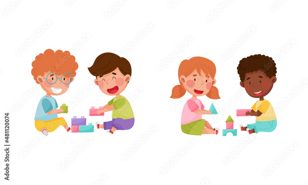 Cute kids playing together set. Little children sitting on floor playing toy blocks cartoon vector illustration Cute kids playing together set. Little children sitting on floor playing toy blocks cartoon vector illustration