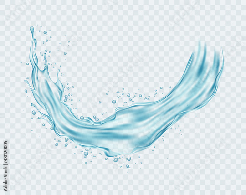 Water splash. Realistic transparent isolated splash of water with drops isolated on transparent background. Vector illustration