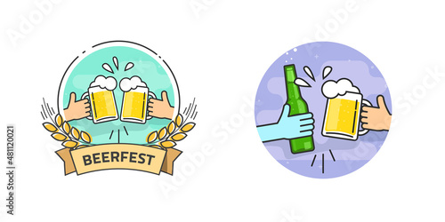 Beer festival logo with cheer toasting friend hands holding glasses vector or drinking party and brewery fun logotype line outline art with bottle and mug concept flat cartoon illustration