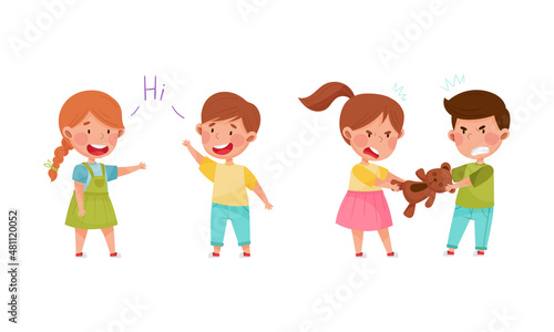 Cute kids playing together set. Little children arguing over toy teddy bear and greeting each other cartoon vector illustration