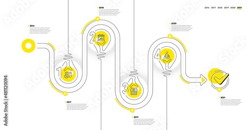 Trade Infographic timeline with 4 steps. Lightbulb journey path infographics. Shopping process diagram with Discounts calendar, Shop, Gift and Shopper with purchases line icons. Vector