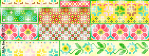 Seamless Pattern Floral Motifs Cross Stitch Vector Color © Yuliya Khruslova