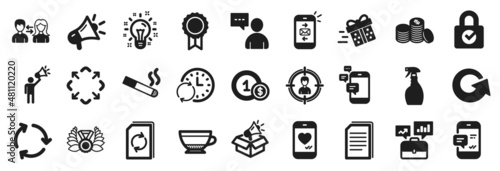 Set of simple icons, such as Business portfolio, Mail, Maximize icons. Idea, Megaphone, Usd coins signs. People communication, Love chat, Dry cappuccino. Smartphone notification, Reload. Vector