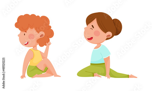 Kids doing yoga set. Cute girls doing sports exercises cartoon vector illustration