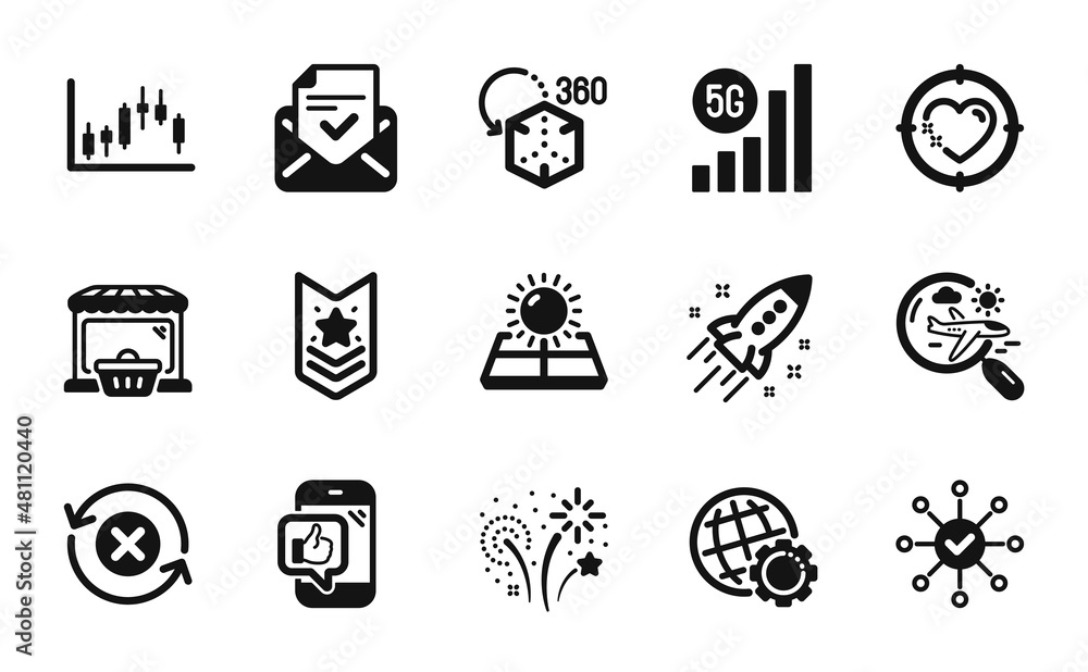 Vector set of Fireworks, Approved mail and Sun energy icons simple set. Survey check, Mobile like and Augmented reality icons. Globe, 5g wifi and Online market signs. Vector