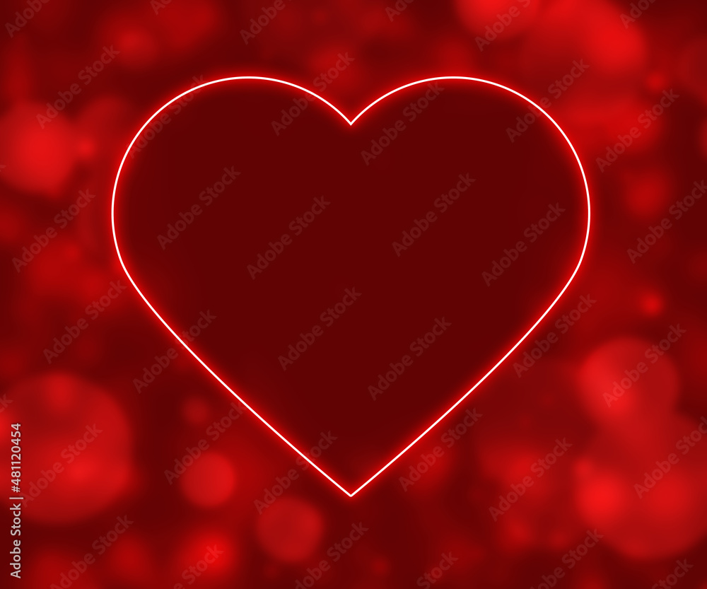Square illustration with a big glowing heart on a red background with blurry lights. Big neon heart. Postcard for the holiday. Square illustration with a big glowing heart on a red background with blurry lights. Big neon heart. Postcard for the holiday.