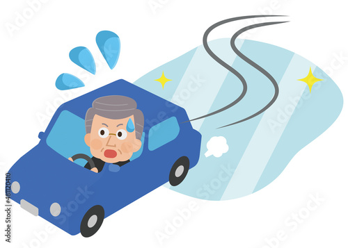 アイスバーンで滑る自動車　あせる高齢男性　イラスト