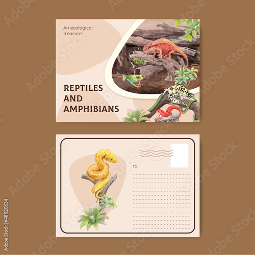 Postcard template with reptiles and amphibians animal concept,watercolor style