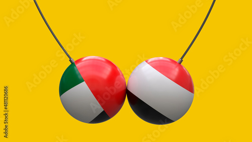 Balls on the ropes in the colors of the national flags of United Arab Emirates and the Yemen collided with each other against a neutral background. 3D rendering. Blank for design. Layout.