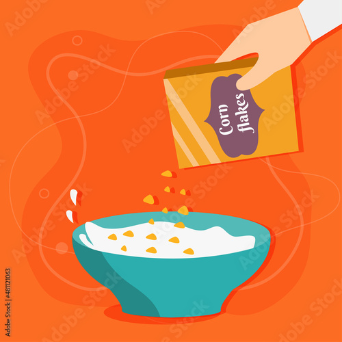 Breakfast cereals in flat design. Corn flakes on orange background