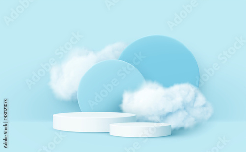 3d realistic podium product and smoke clouds. Blue and white 3d render scene with product podium display and clouds. Vector illustration