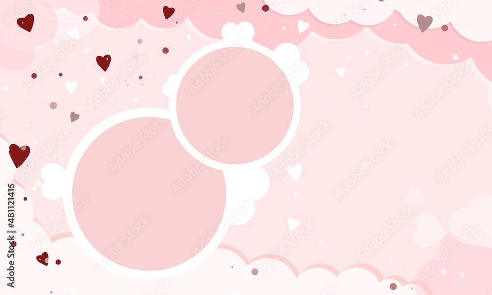 A large pink banner with round frames on a pink background with clouds, red, pink and white hearts. A beautiful illustration for photos or any inscription. Illustration with copy space.