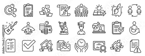 Set of Education icons  such as Certificate  Interview  Microscope icons. Instruction manual  Teamwork  Agreement document signs. Online chemistry  Work home  Court judge. Workflow  Group. Vector