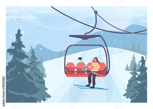 Skier lifting up to a slope by ski lift. Character taking selfie on a chairlift. photo