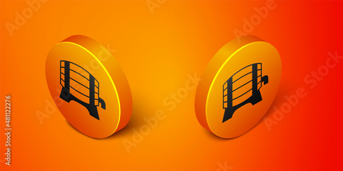 Isometric Wooden barrel on rack with stopcock icon isolated on orange background. Orange circle button. Vector