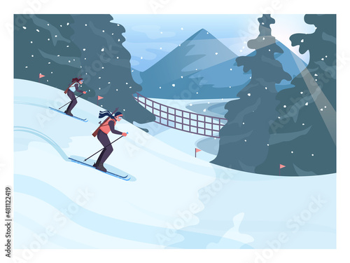 Biathlon race. Female characters wearing an outerwear skiing.