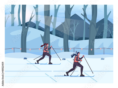 Biathlon race. Female characters wearing an outerwear skiing.