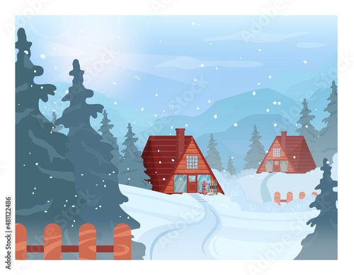 Wooden cottage houses, chalet in winter mountains. Ski resort hotel in pine