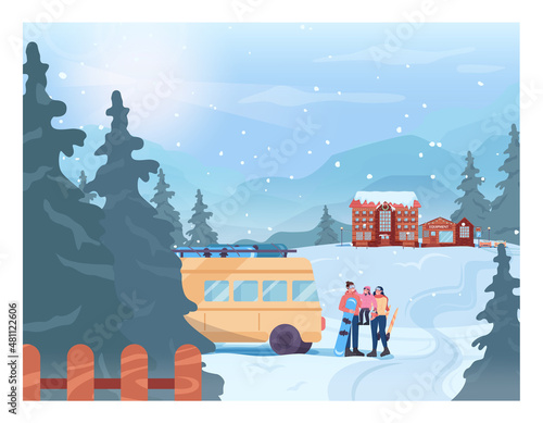 Family in front of skiing resort. Winter vilage with a hotel. Snowy hills
